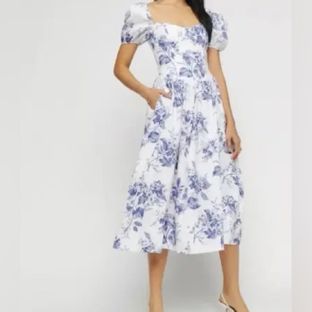 Reformation Cream Midi Dress with Blue Floral Print - Picture 1 of 15